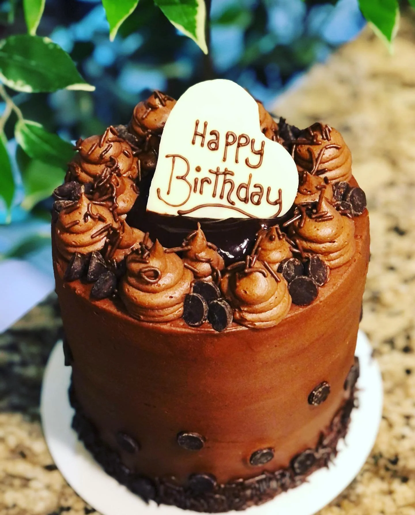 Chocolate birthday cake with chocolate frosting and chocolate sprinkles, topped with a white heart-shaped plaque that says 'Happy Birthday' in brown icing.