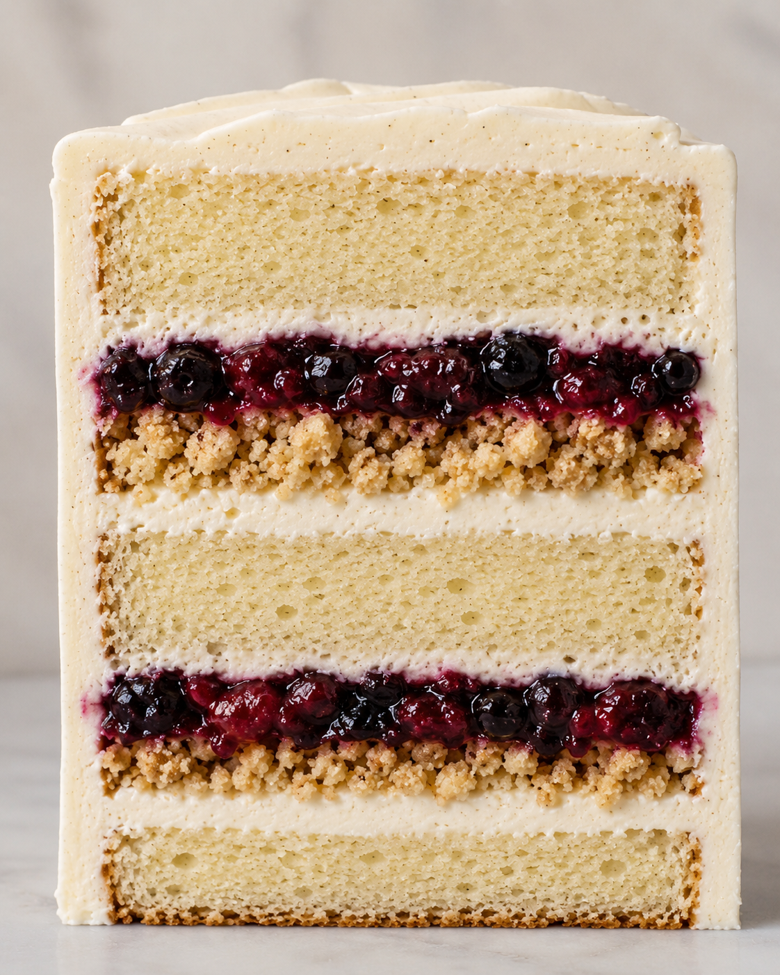 A slice of layered cake with white frosting, blueberry filling, and crumbled topping inside.