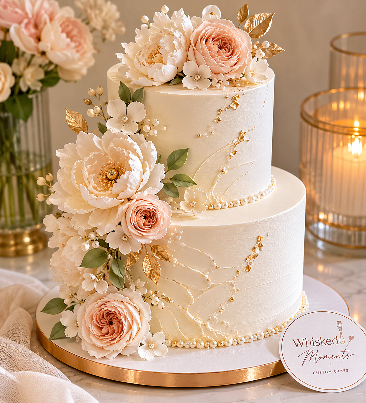 Elegant two-tiered wedding cake decorated with pink roses, white peonies, and small white flowers, adorned with gold leaves and pearl-like accents, on a gold-rimmed cake board.
