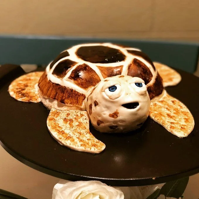 Cake designed to look like a turtle with a shell made of layered chocolate and caramel, a head with realistic blue eyes, and four flipper-shaped legs.