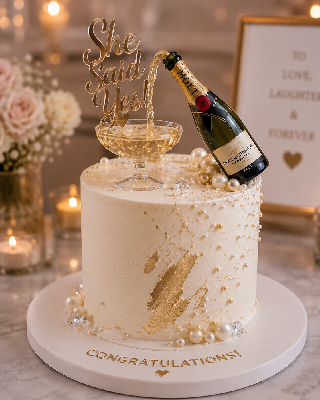 A celebratory cake decorated with a champagne bottle and glass, with a topper that reads 'She Said Yes!'. The cake is adorned with gold accents, pearls, and crystals. It has the word 'CONGRATULATIONS!' written on the base and is set on a marble surface with flowers and candles in the background.