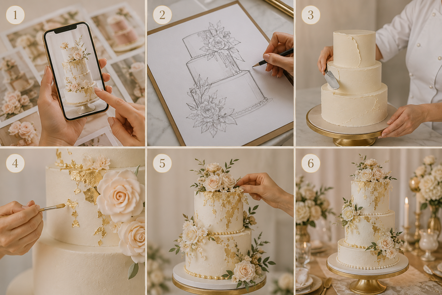 Six-step sequence showing the process of designing and decorating a wedding cake, including viewing design inspiration, making a sketch, applying gold leaf decorations, and assembling a tiered cake with floral decorations.