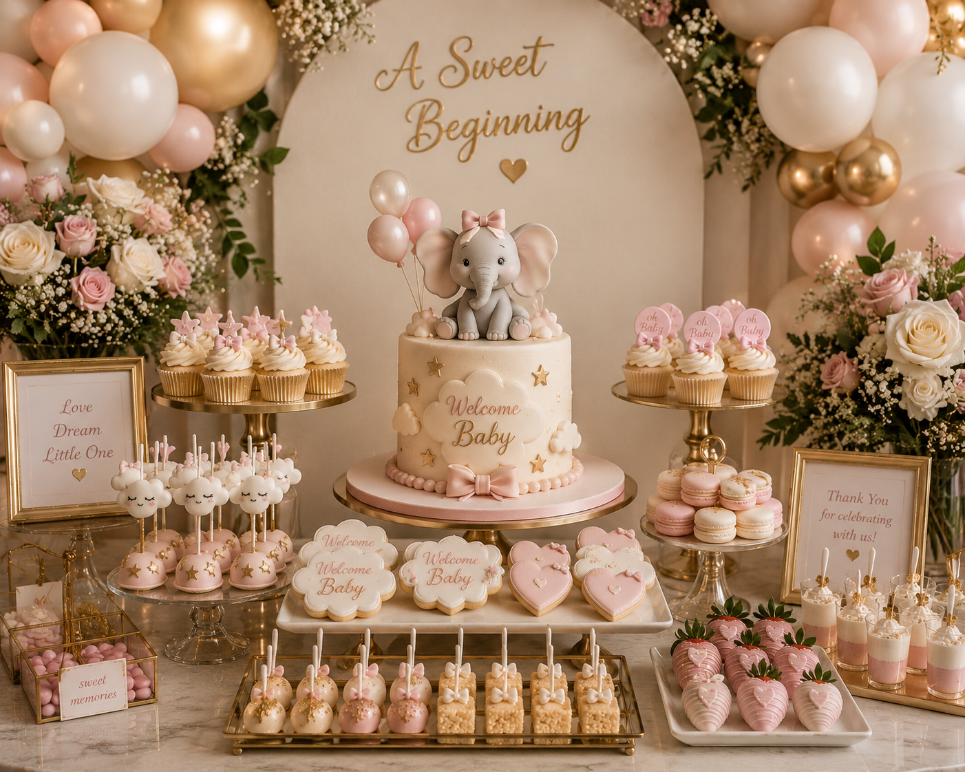 Decorative dessert table for a baby shower featuring a cake with an elephant topper, cupcakes, cookies, cake pops, and macarons all in pink, white, and gold. There are floral arrangements of white and pink roses, balloons, and signs with messages like "Love Dream Little One" and "Thank You for celebrating with us!"