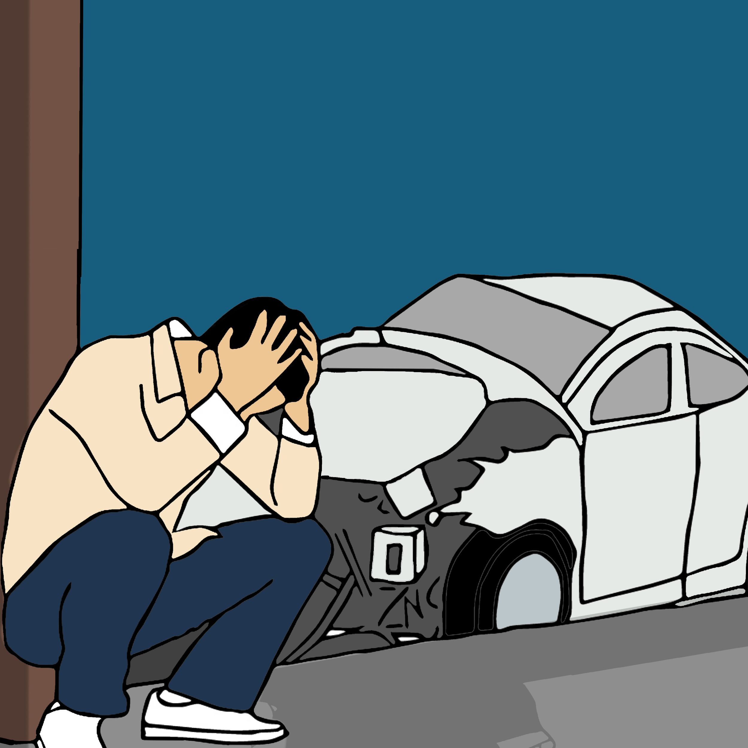 Person sitting on the ground with head down and hands covering their face, dressed in casual clothing, next to a parked motorcycle on a street.