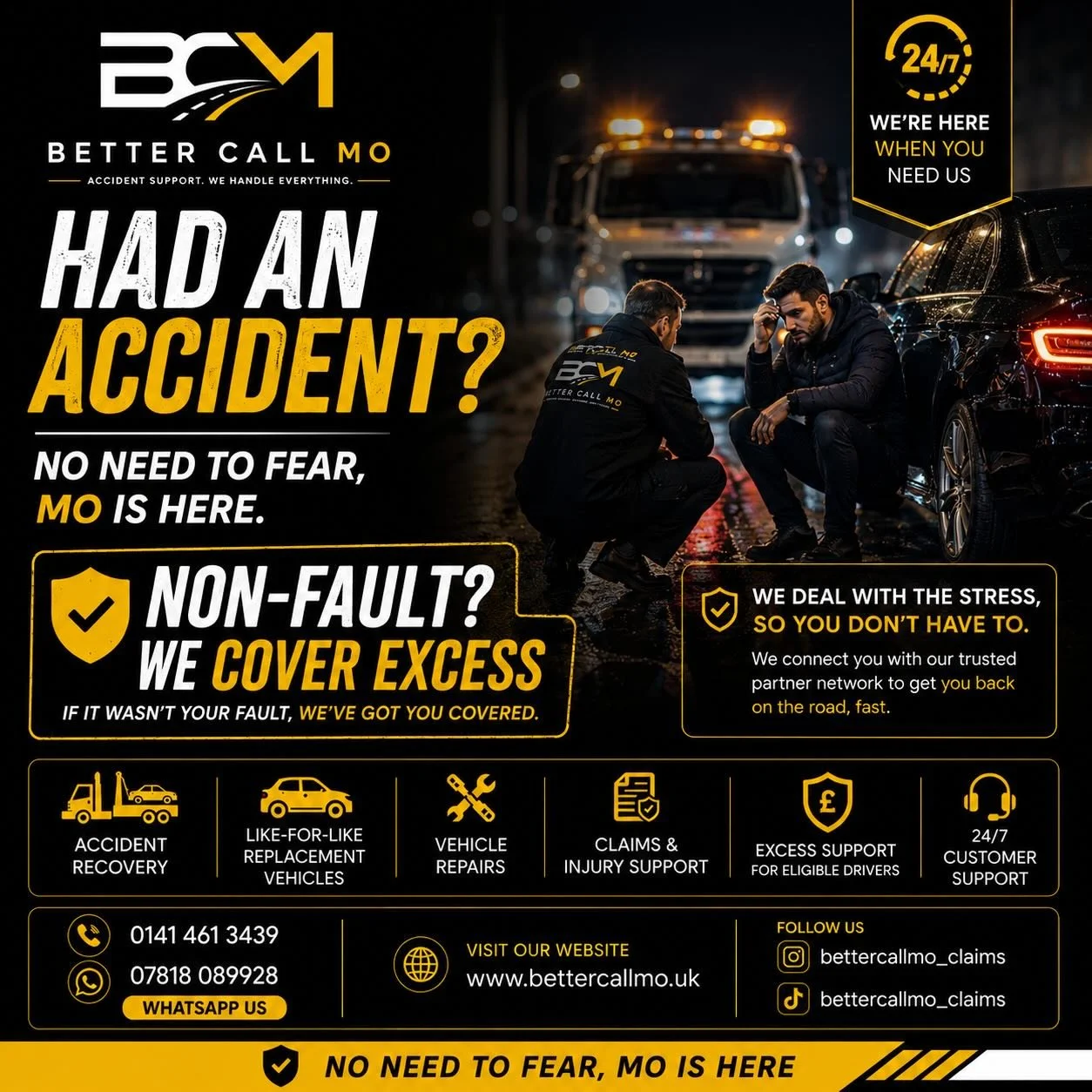 🚨 WE ARE OFFICIALLY LIVE 🚨

Better Call Mo is now here to support drivers across the UK with fast, reliable accident support when you need it most. 💛

From recovery and replacement vehicles to repairs and claims support &mdash; we help take the st