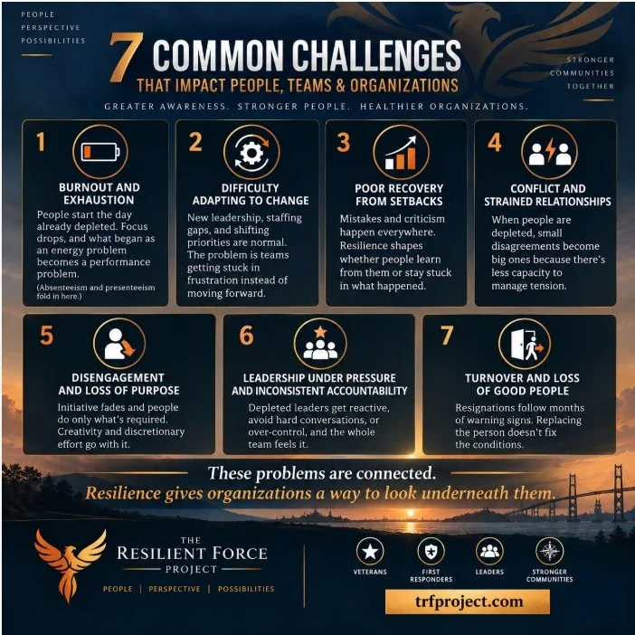 An infographic titled '7 Common Challenges That Impact People, Teams & Organizations' listing challenges including burnout, difficulty adapting to change, poor recovery from setbacks, conflict and strained relationships, disengagement, leadership under pressure, and turnover. Each challenge is described with tips for management. It emphasizes that these problems are interconnected and resilience helps organizations cope.