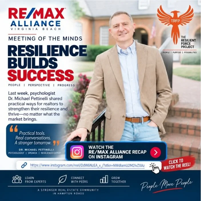 A man in a tan blazer and jeans standing outdoors next to stairs, smiling. Several logos, banners, and text promoting a real estate resilience event and a recap on Instagram are visible in the background. The event is associated with RE/MAX Alliance Virginia Beach and features Dr. Michael Pettinelli.