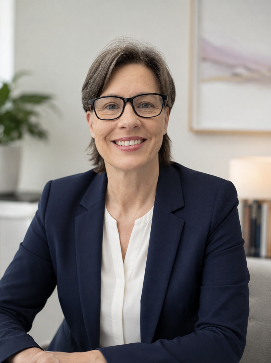 A woman with short gray hair, glasses, and a friendly smile, wearing a dark blazer and white blouse, seated in an office setting.