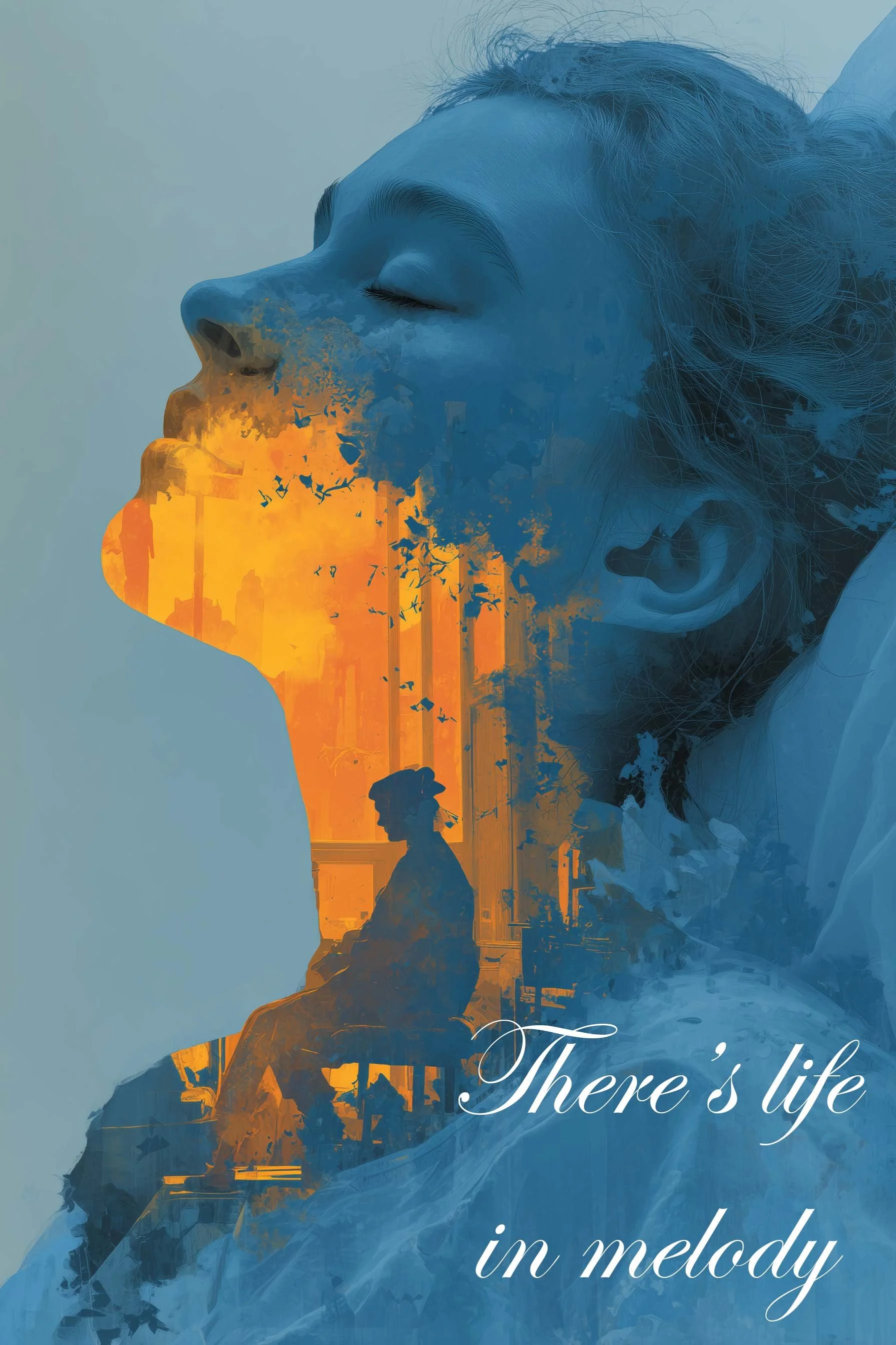An artistic digital illustration of a woman with her eyes closed, her face in profile, blending with a vibrant, colorful cityscape and sky in shades of blue and orange, with the words 'There's life in melody' written in white cursive text.