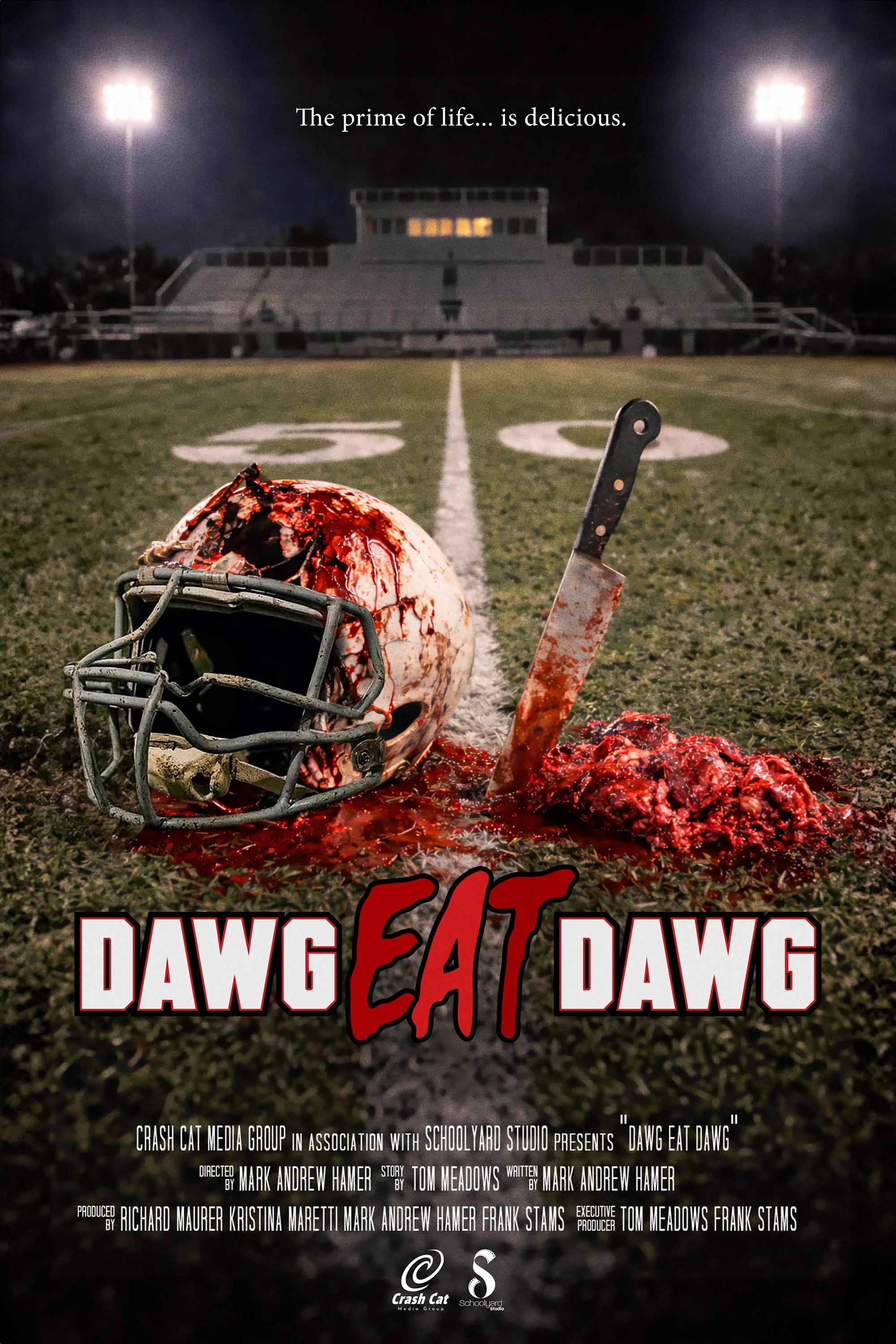 A football field at night with bright stadium lights and a bloodied football helmet and a bloody knife on the ground in the foreground. The phrase 'The prime of life... is delicious.' is displayed at the top, and the title 'Dawg Eat Dawg' is at the b