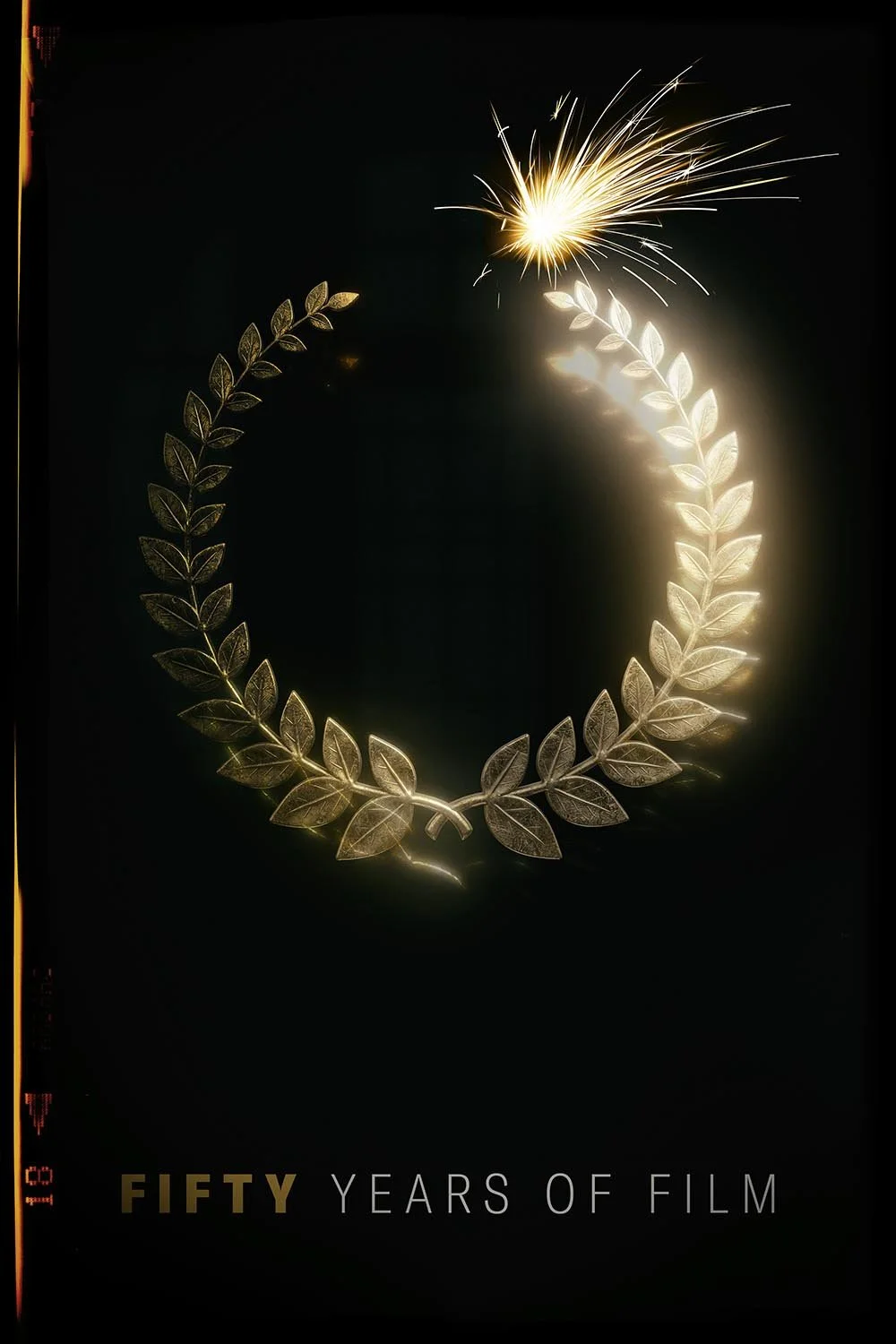 Golden laurel wreath with a sparkler at the top, and the text 'FIFTY YEARS OF FILM' at the bottom.