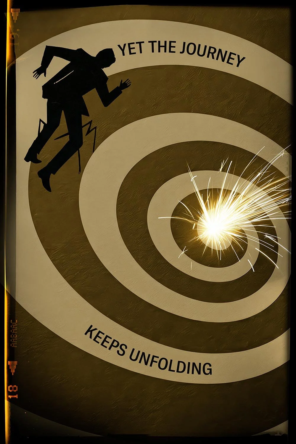 A spiral pattern with a silhouette of a person climbing a ladder, holding a string connected to a bright spark, along with the text "YET THE JOURNEY KEEPS UNFOLDING".