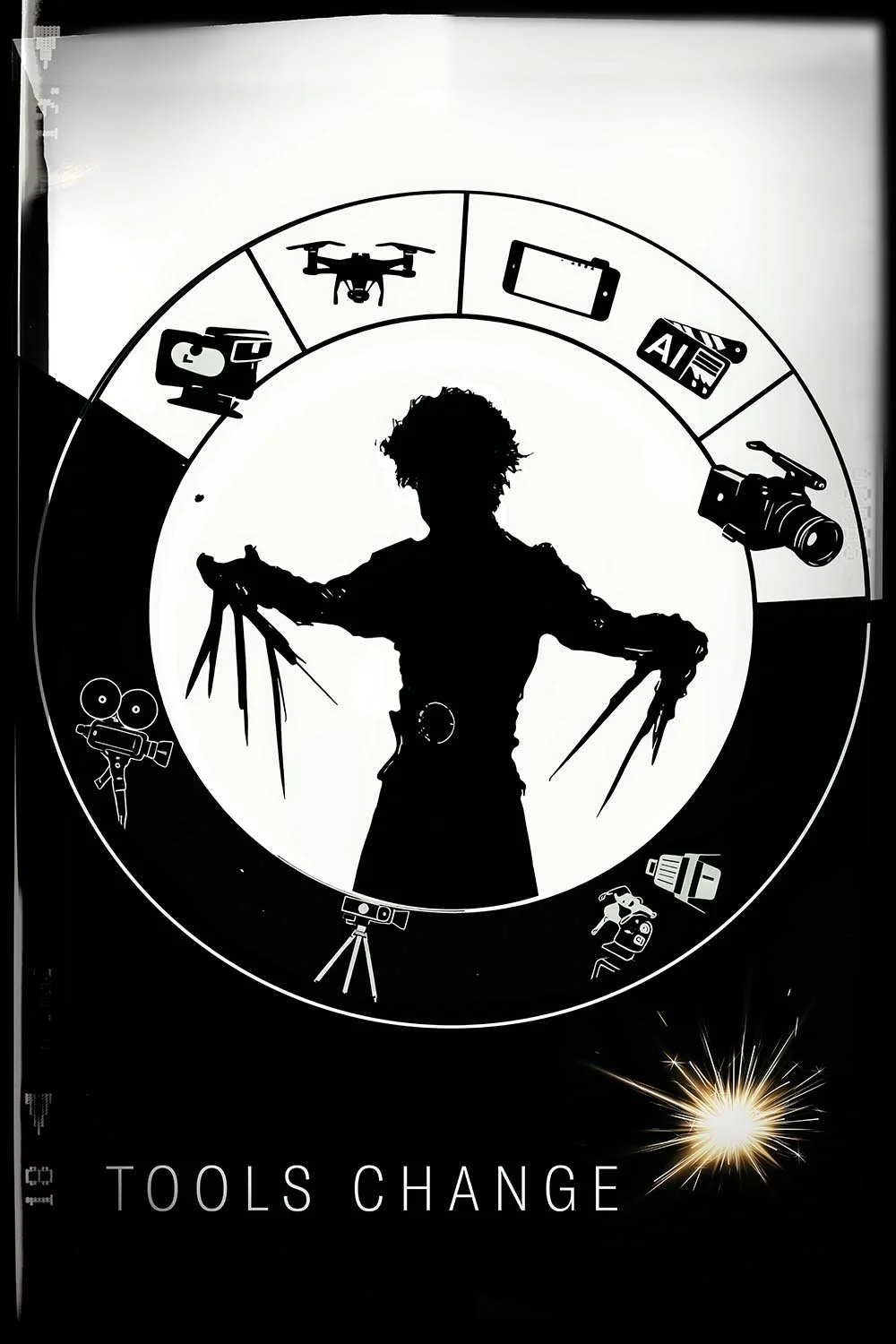 Silhouette of a person with arms outstretched holding various tools, with icons of camera, drone, smartphone, AI clapperboard, video camera, tripod, and other equipment arranged in a circle around the figure, and the words "Tools Change" at the botto