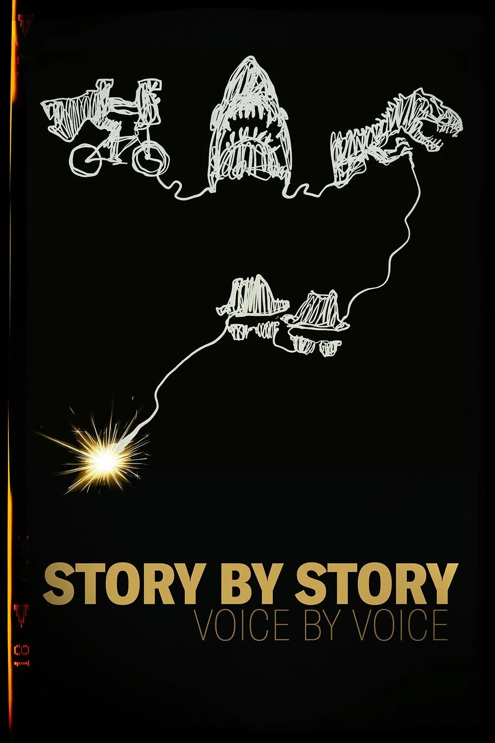 Cover of a book titled 'Story by Story Voice by Voice' featuring a black background with a white chalk-like drawing of a mountain range, a bicycle, a tent, and a tiger, with a lit sparkler at the bottom left.