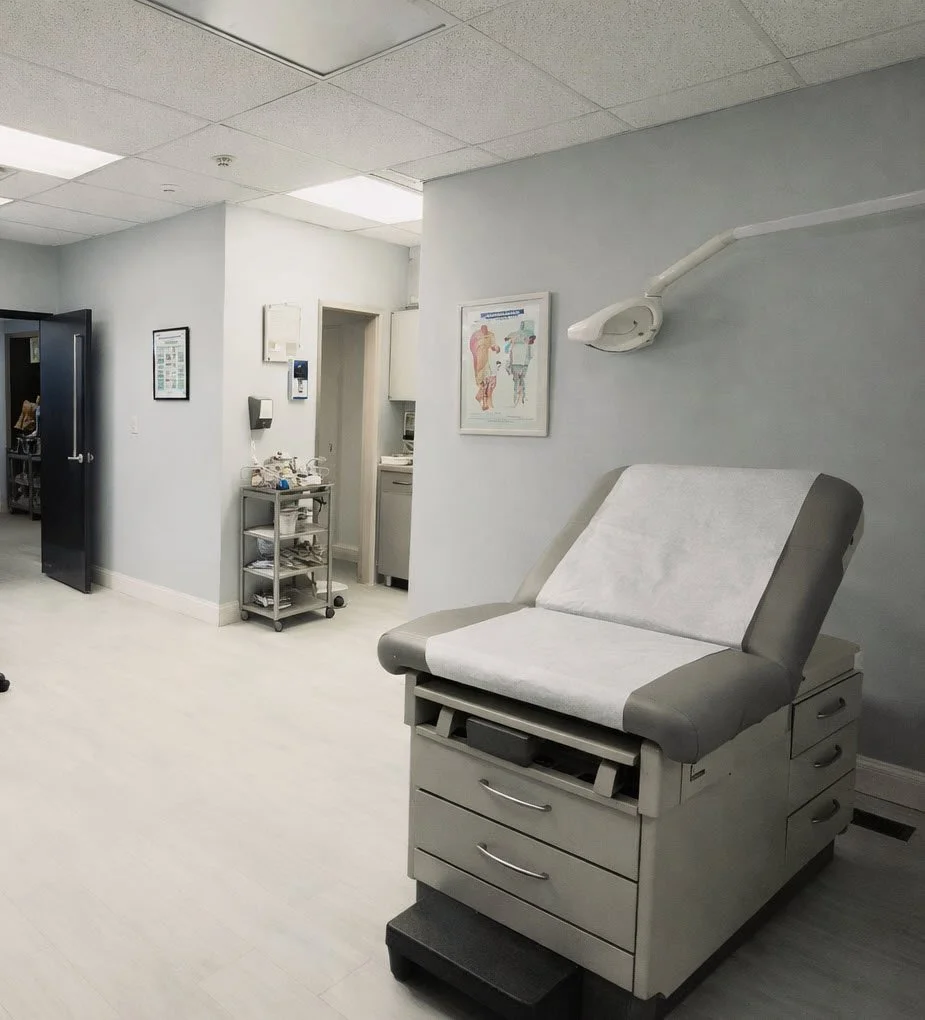 Empty medical examination room with an examination table, medical charts, and medical equipment.