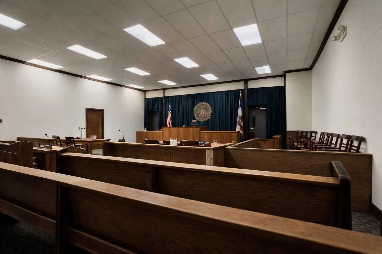 Empty courtroom with wooden benches, a judge's bench, flags, and a seal on the wall behind the bench.