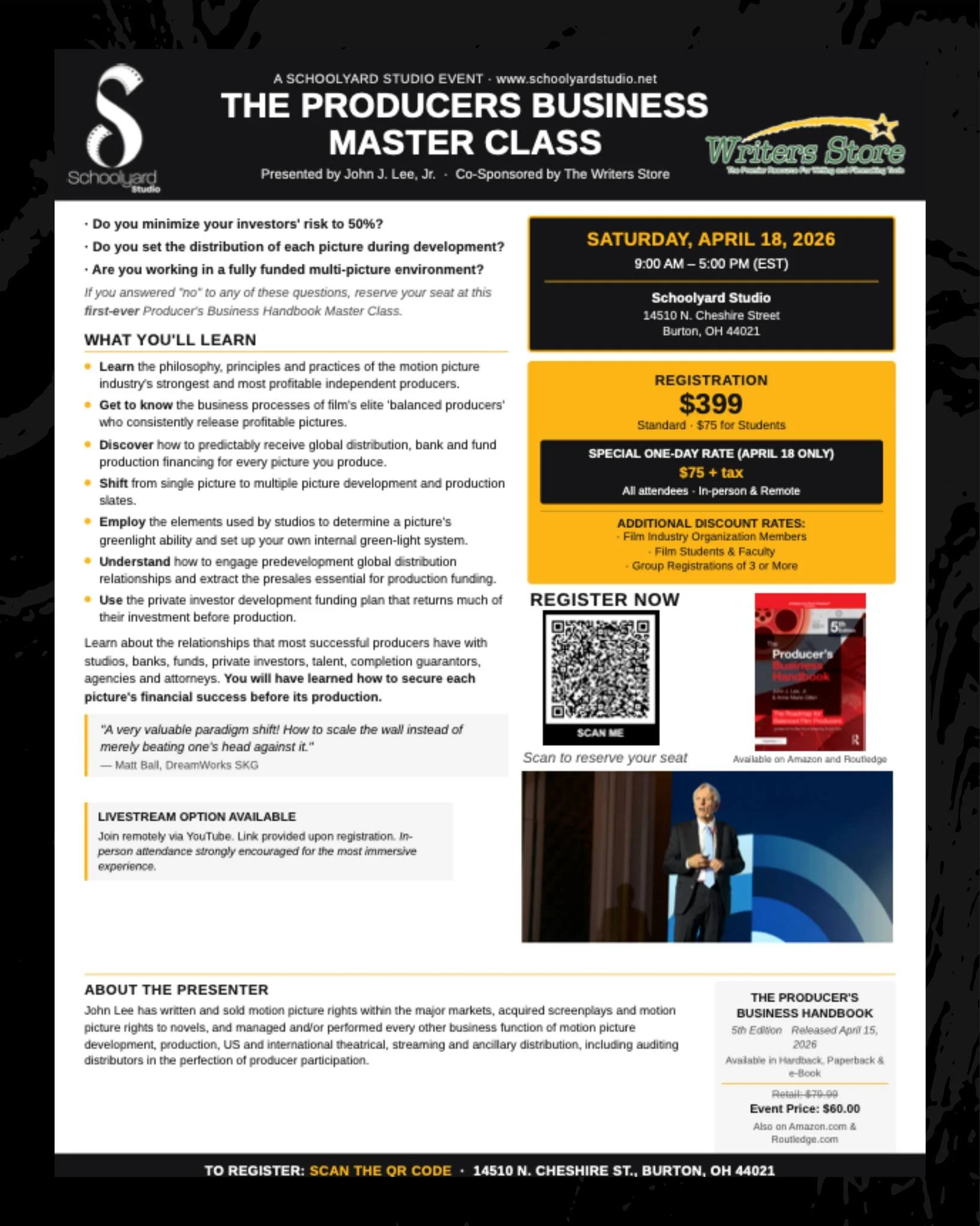 🎬 Ready to think like a real producer?
Join us for The Producers Business Master Class &mdash; a full-day, game-changing deep dive into the business of filmmaking that most creatives never get taught.
Led by industry expert John J. Lee Jr., this ses