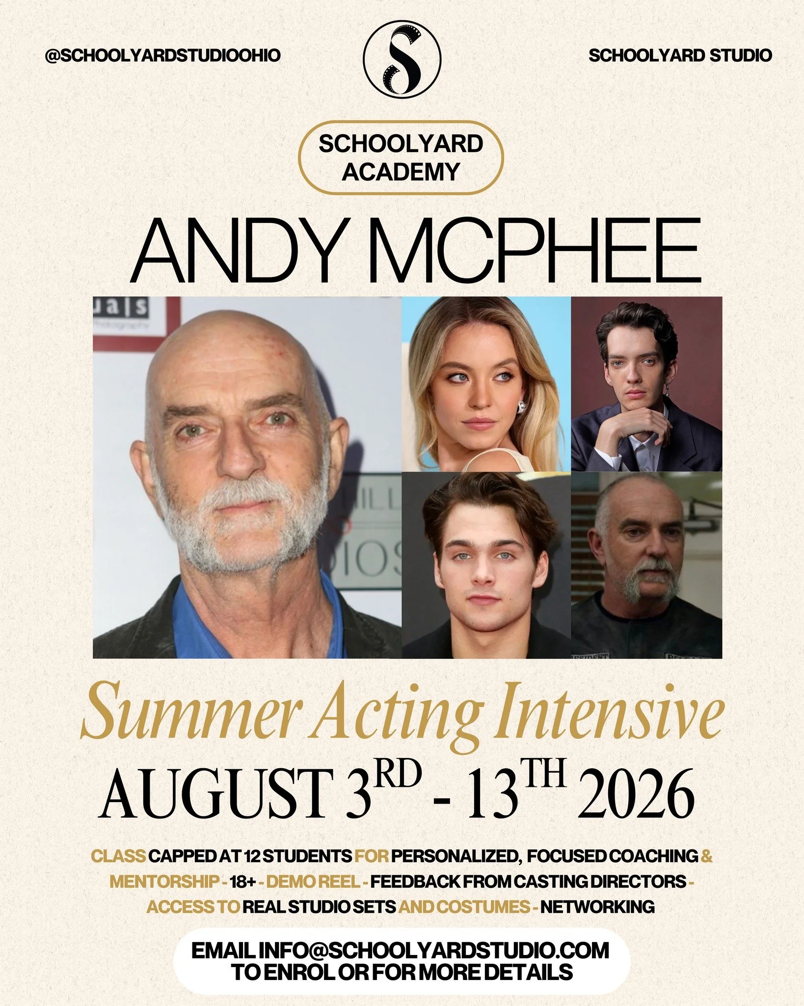 Andy McPhee returns to Schoolyard Studio for a Summer Intensive! Limited spots! Email now to learn more and lock in a spot! We are offering two packages- one for location commuters and another for interstate/international talent to come train at the 