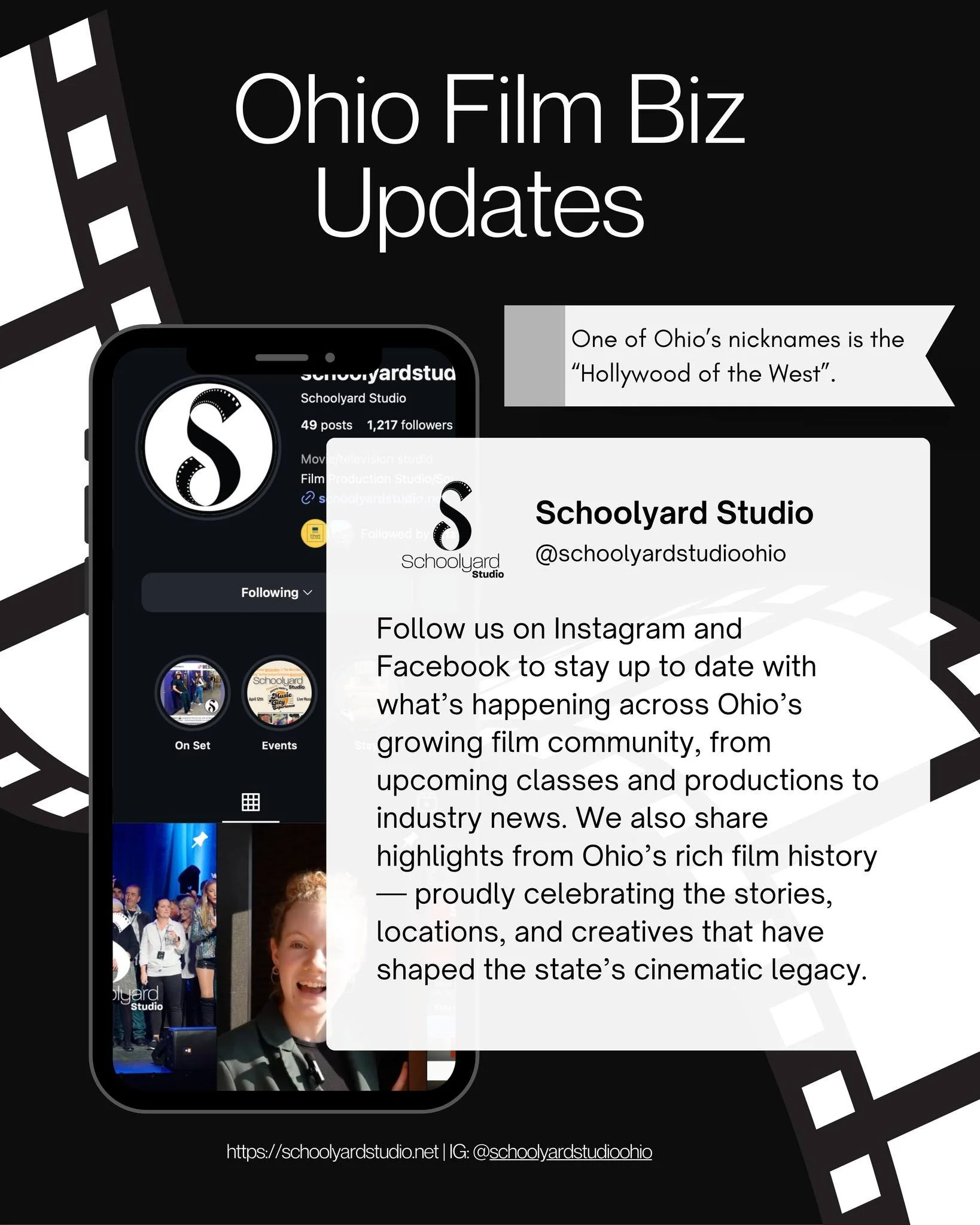 Keep up with what's happening in Ohio's Film Business by following @schoolyardstudioohio on Instagram and Facebook. We proudly celebrate Ohio's rich history in cinema whilst staying up to date with what's on the horizon! Stay tuned. Follow for more! 