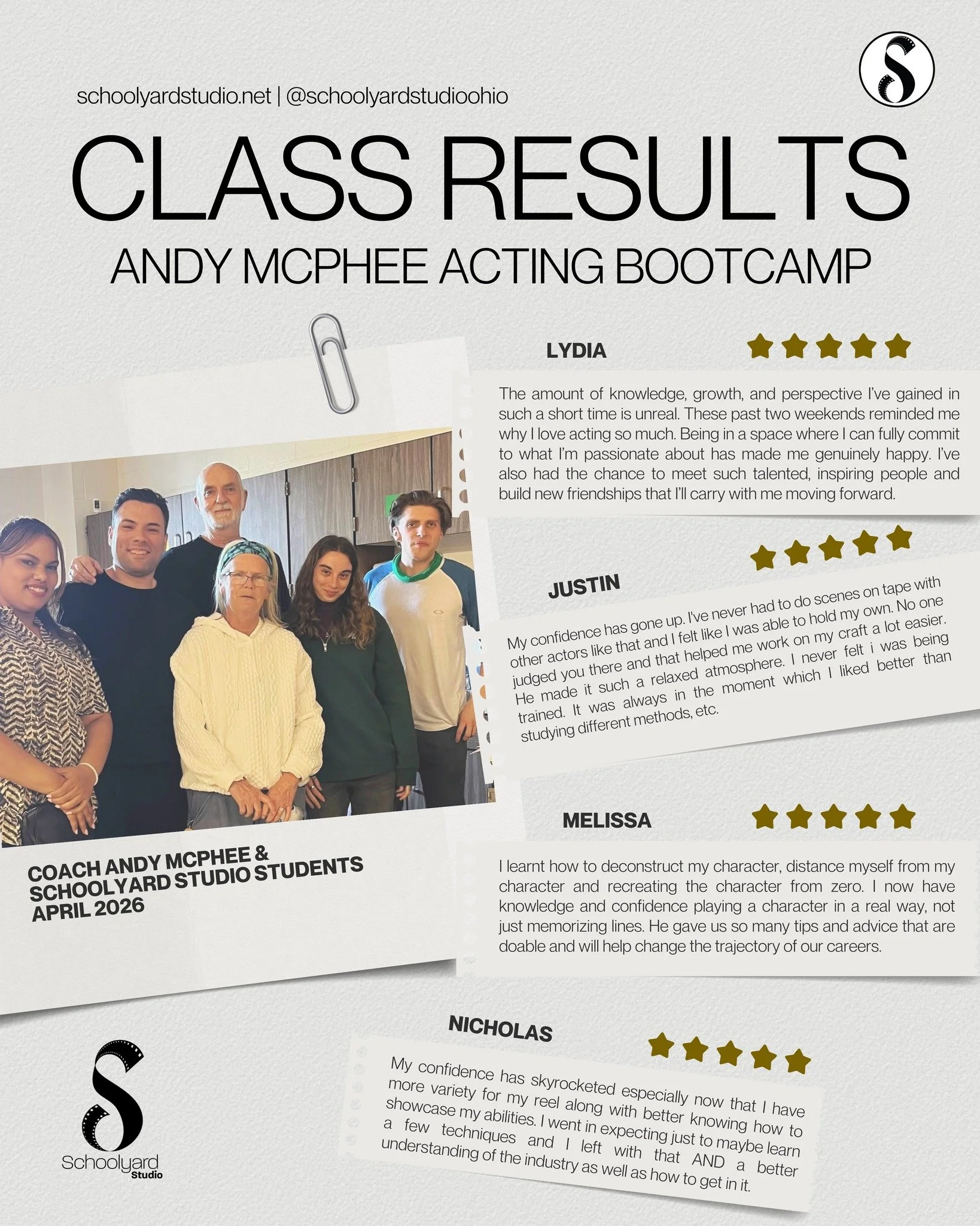 The results are in for Andy Mcphee's Acting Bootcamp! Read to see how we did and what our students are saying they learnt from 2 weeks training with Andy Mcphee at Schoolyard Studio! Follow to make sure you don't miss your chance to be part of our up