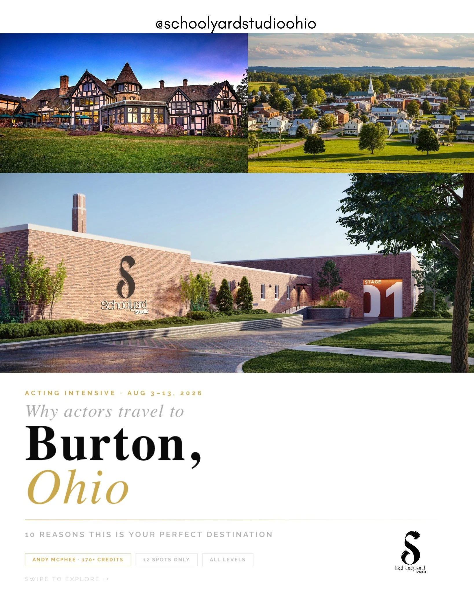 ✈️ Thinking about making the trip to study with Andy McPhee this August?
Here are 10 reasons why Burton, Ohio might just be the best decision you make for your acting career this year.
A charming historic town, world-class nature reserves, Cleveland 