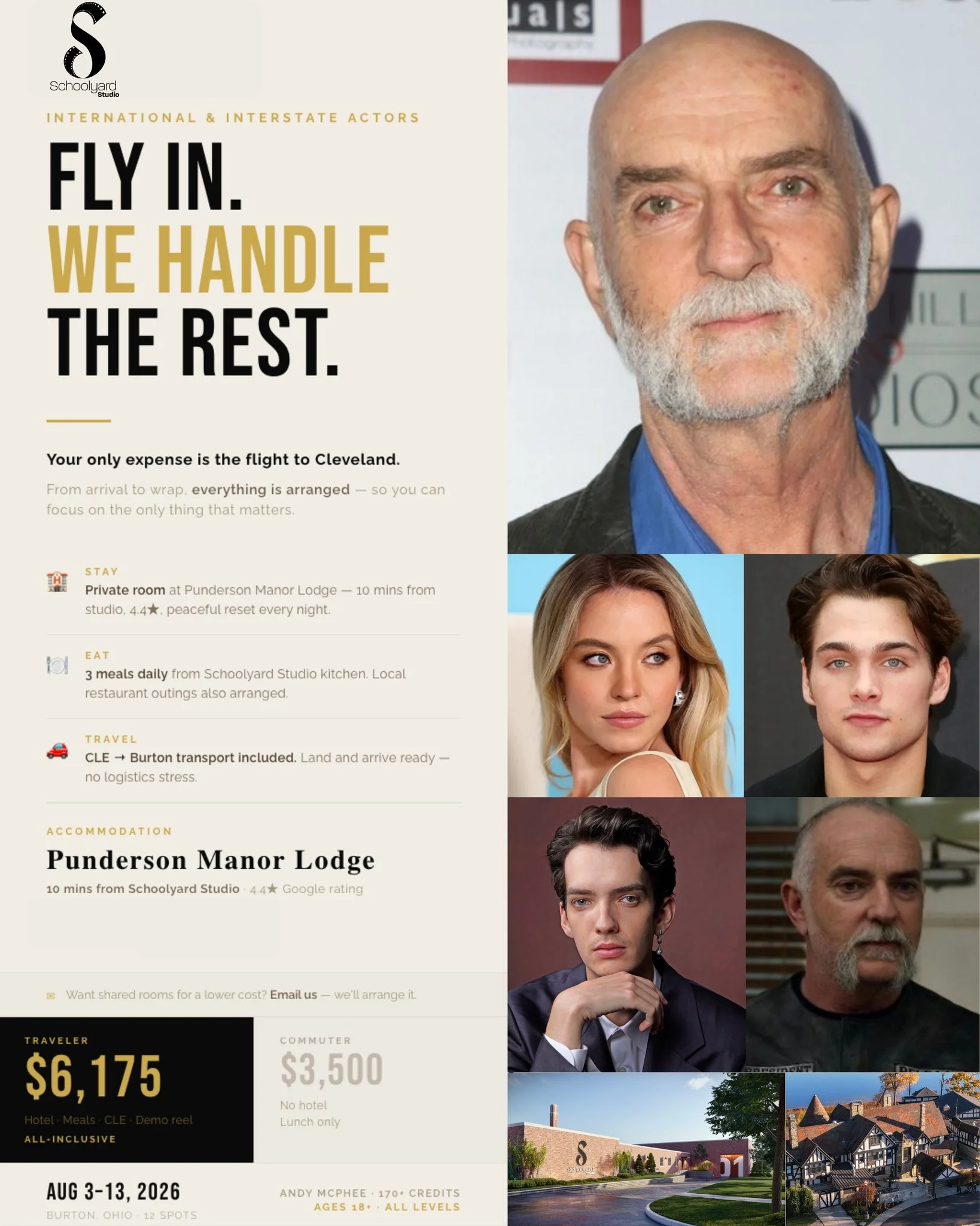 🎬 12 SPOTS. ONE COACH. REAL SETS. AUGUST 2026 &mdash; OHIO.
Andy McPhee (170+ credits &mdash; mentees include Sydney Sweeney &amp; Kodi Smit-McPhee) is running a 10&frac12;-day Acting Intensive Workshop, August 3&ndash;13 in Burton, Ohio.
✈️ TRAVELL