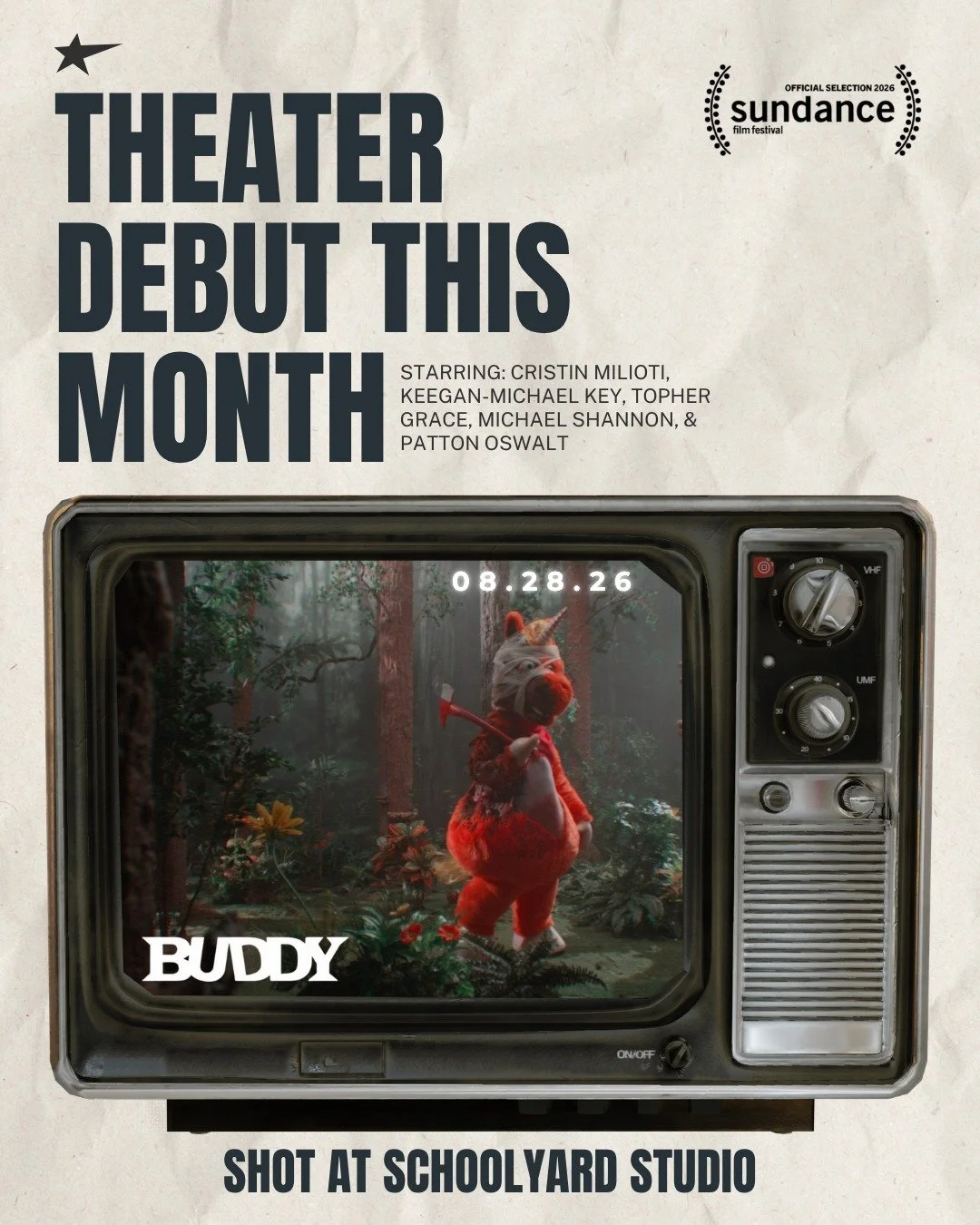 We're excited to see "Buddy" hit the big screen! 🎬 Filmed in part at Schoolyard Studio, "Buddy" premieres in theaters on August 28.