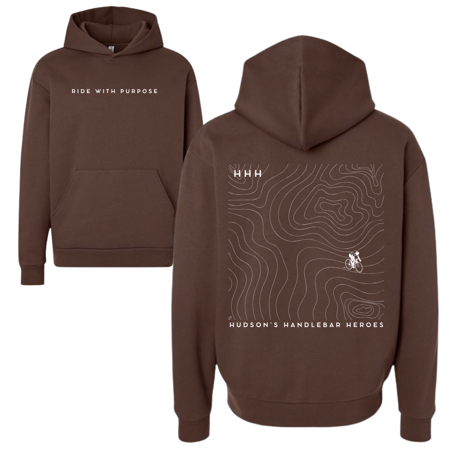 Brown hoodie with the text "Ride with Purpose" on the front and a design of topographical lines, a mountain bike icon, and the phrase "Hudson's Handlebar Heroes" on the back.