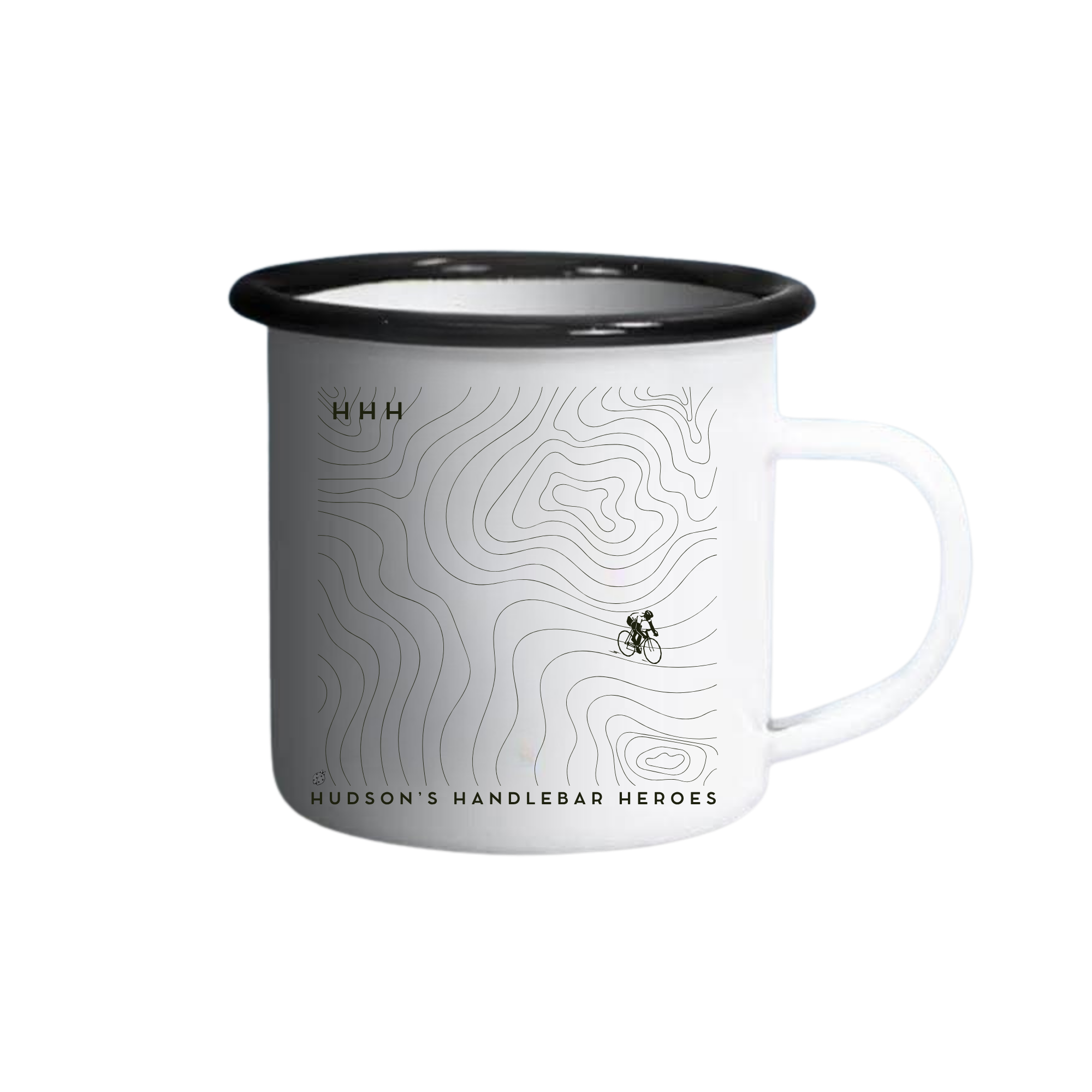 White mug with black rim and handle, featuring a mountain bike graphic and the text 'Hudson's Handlebar Heroes' at the bottom.