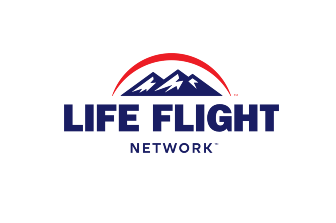 Logo for the Life Flight Network, featuring stylized mountains and a red arc over the text.