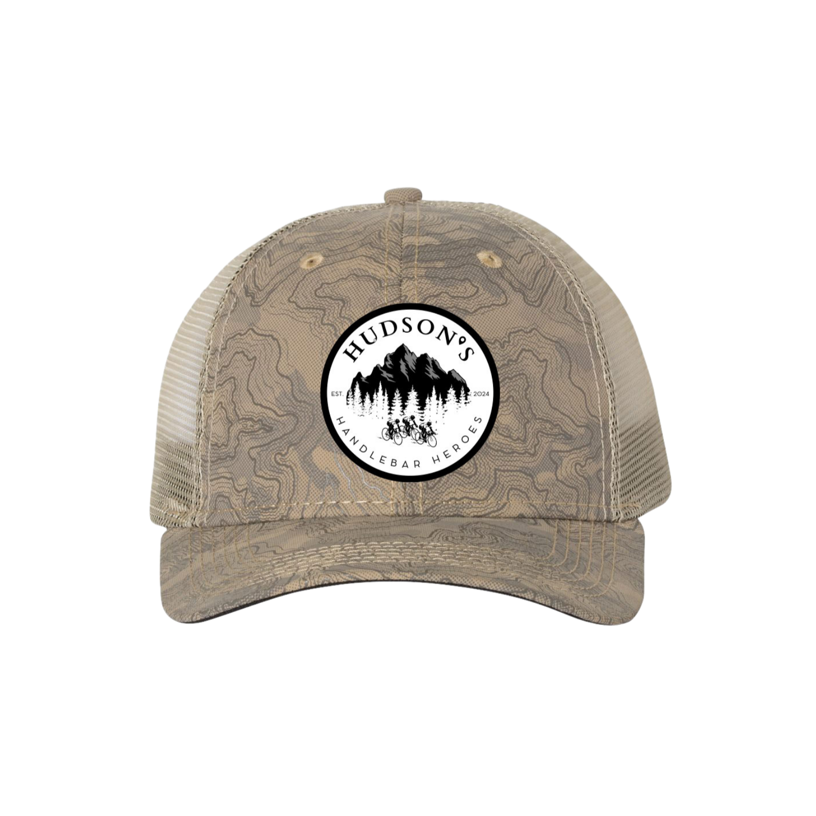 A beige baseball cap with topographic map pattern and a round patch featuring mountains, trees, and cyclists, labeled 'Hudson's Handlebar Heroes 2024'.