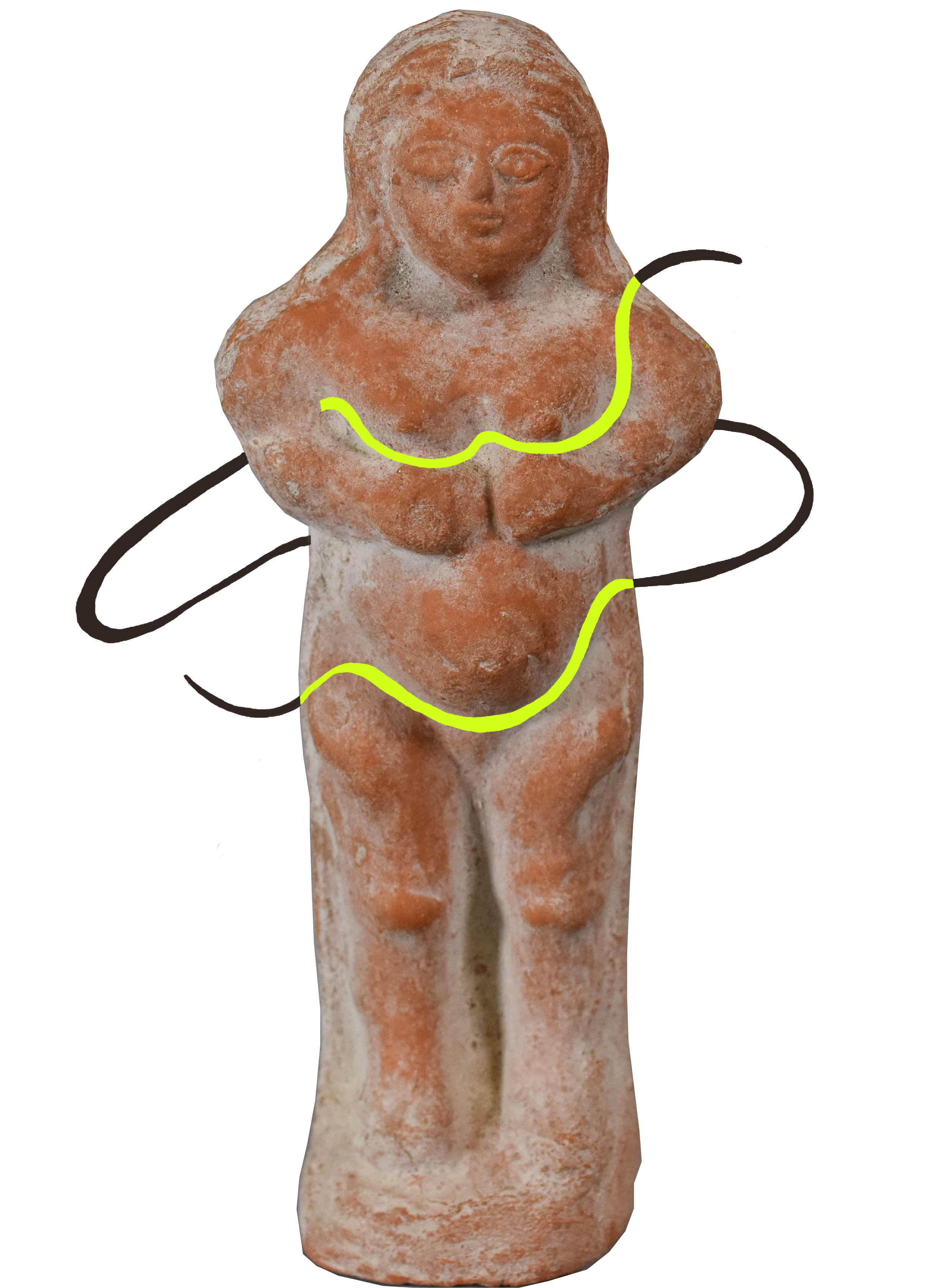 A terracotta colour Asherah figurine standing with her hands held under her breasts, with a lime green and dark brown swirl across her body.