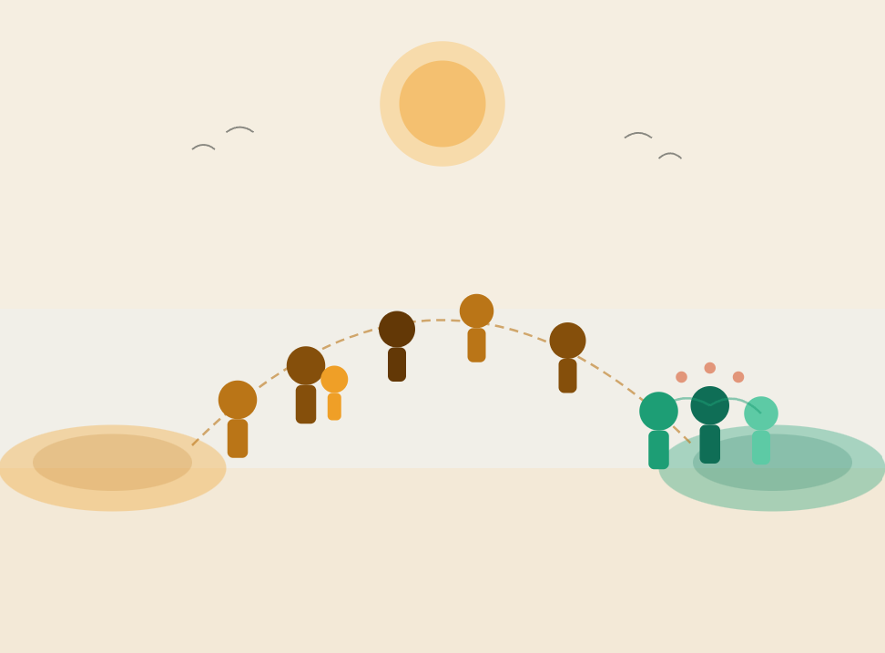 Illustration of a family tree with two groups of people, one brown and one teal, connected by a dotted line, representing a relationship or connection, set against a simple background with a sun and birds.