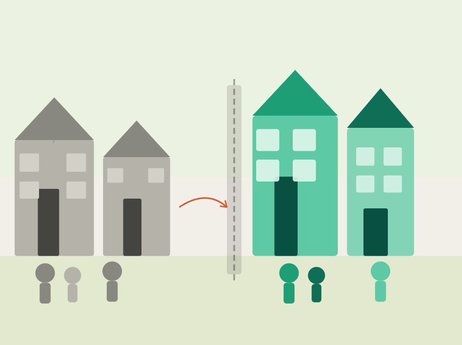 Comparison of grayscale houses on the left transforming into colorful houses with people underneath on the right.