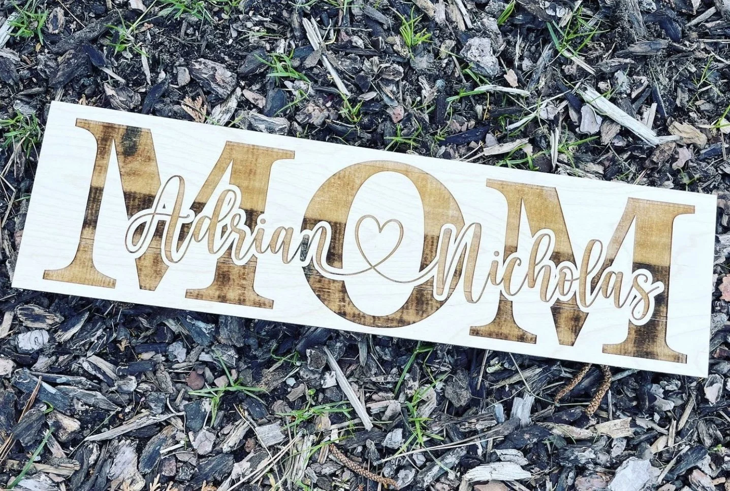 Wooden sign with the names Adrian and Nicolas, and the letters LOVE in the background, lying on the ground with small green plants and wood chips.