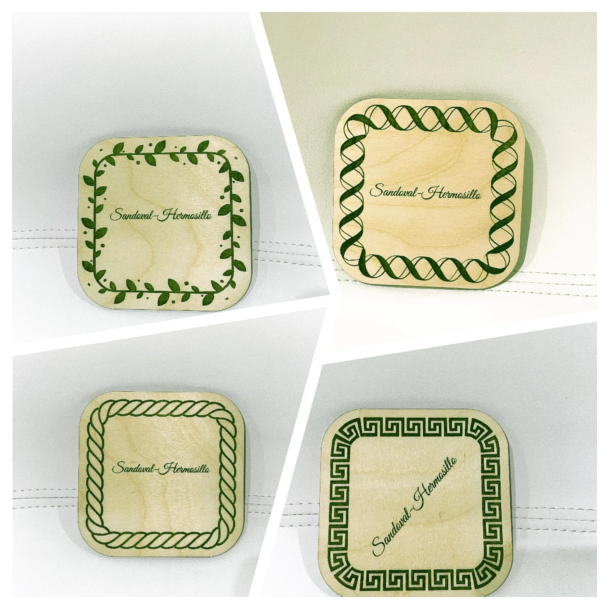 Four square wooden coasters with green decorative borders and the words 'Sandoval-Hermosillo' in the center.