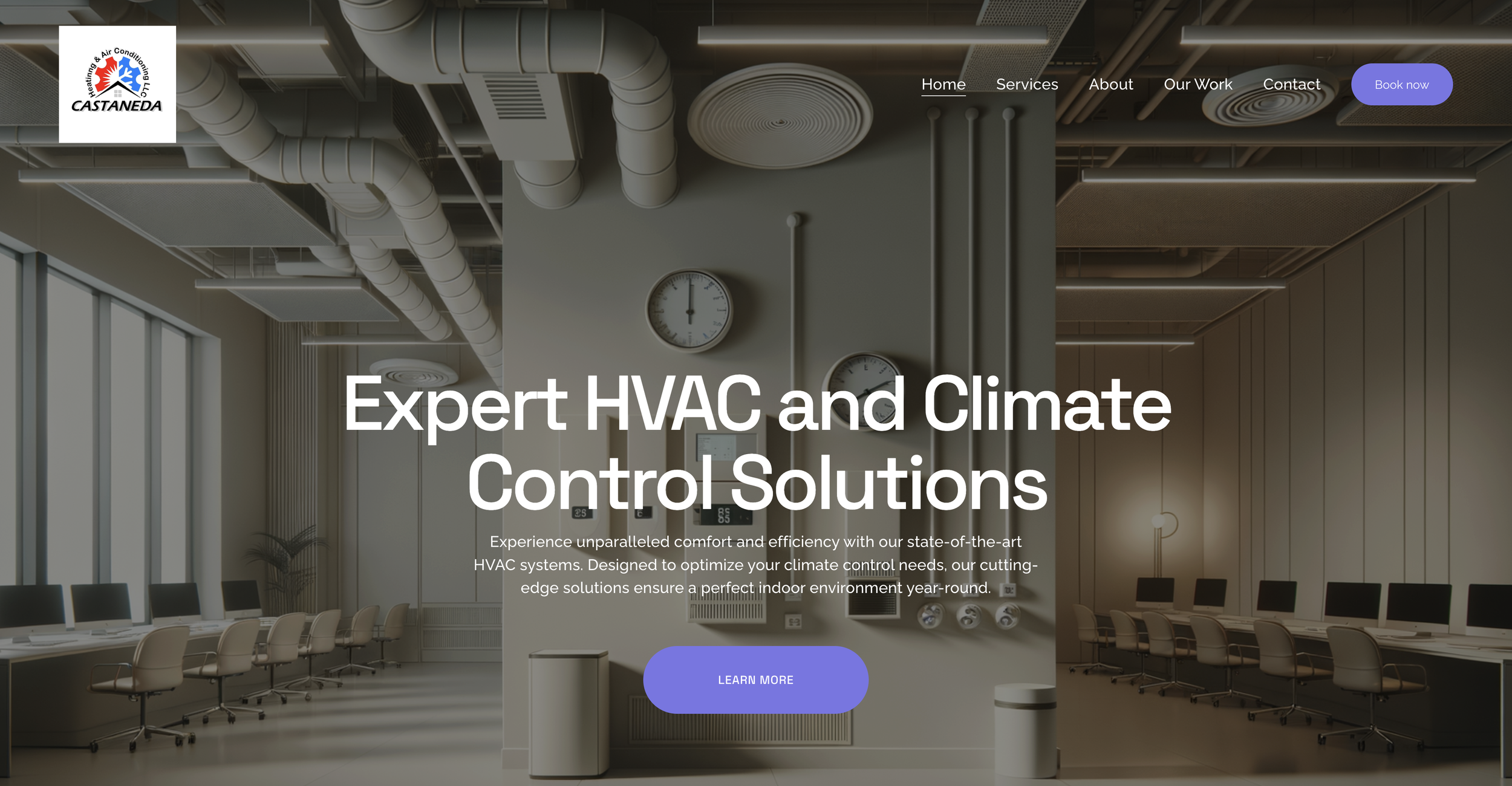 Modern conference room with large windows, beige chairs, and HVAC control panels on the wall, featuring a website homepage for a company specializing in HVAC and climate control solutions.