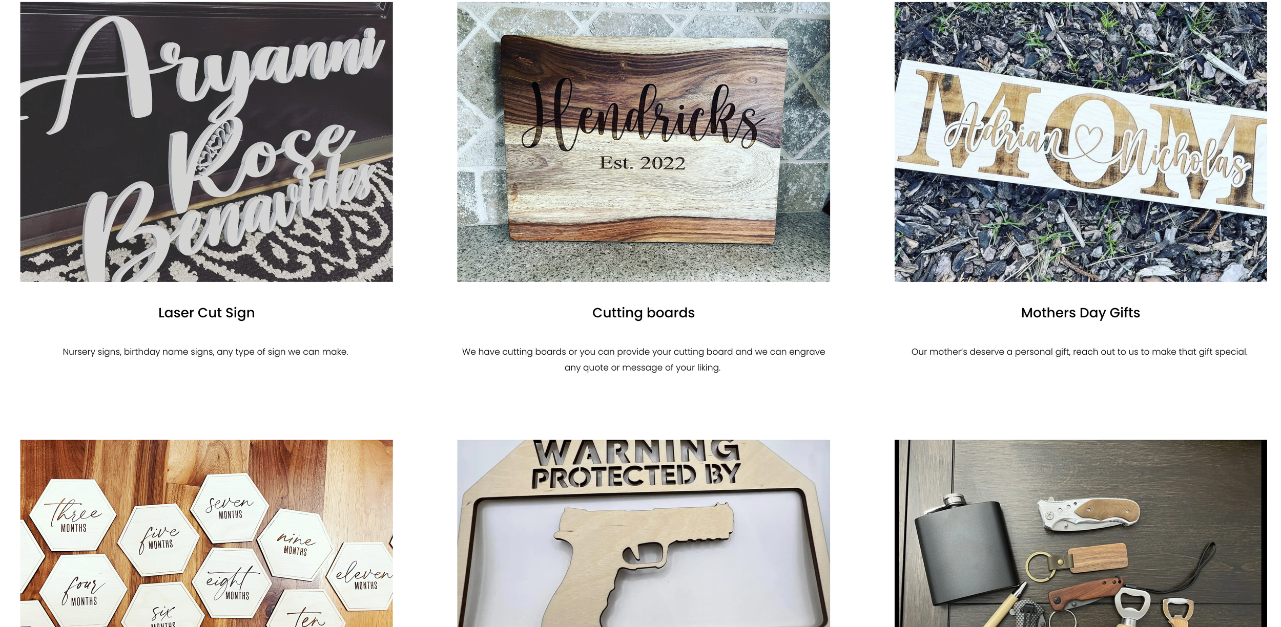 Collection of personalized wooden signs and crafts, including laser-cut signs, engraved cutting boards, Mother's Day gifts, educational decals about months, a firearm warning sign, and a variety of knives and tools.
