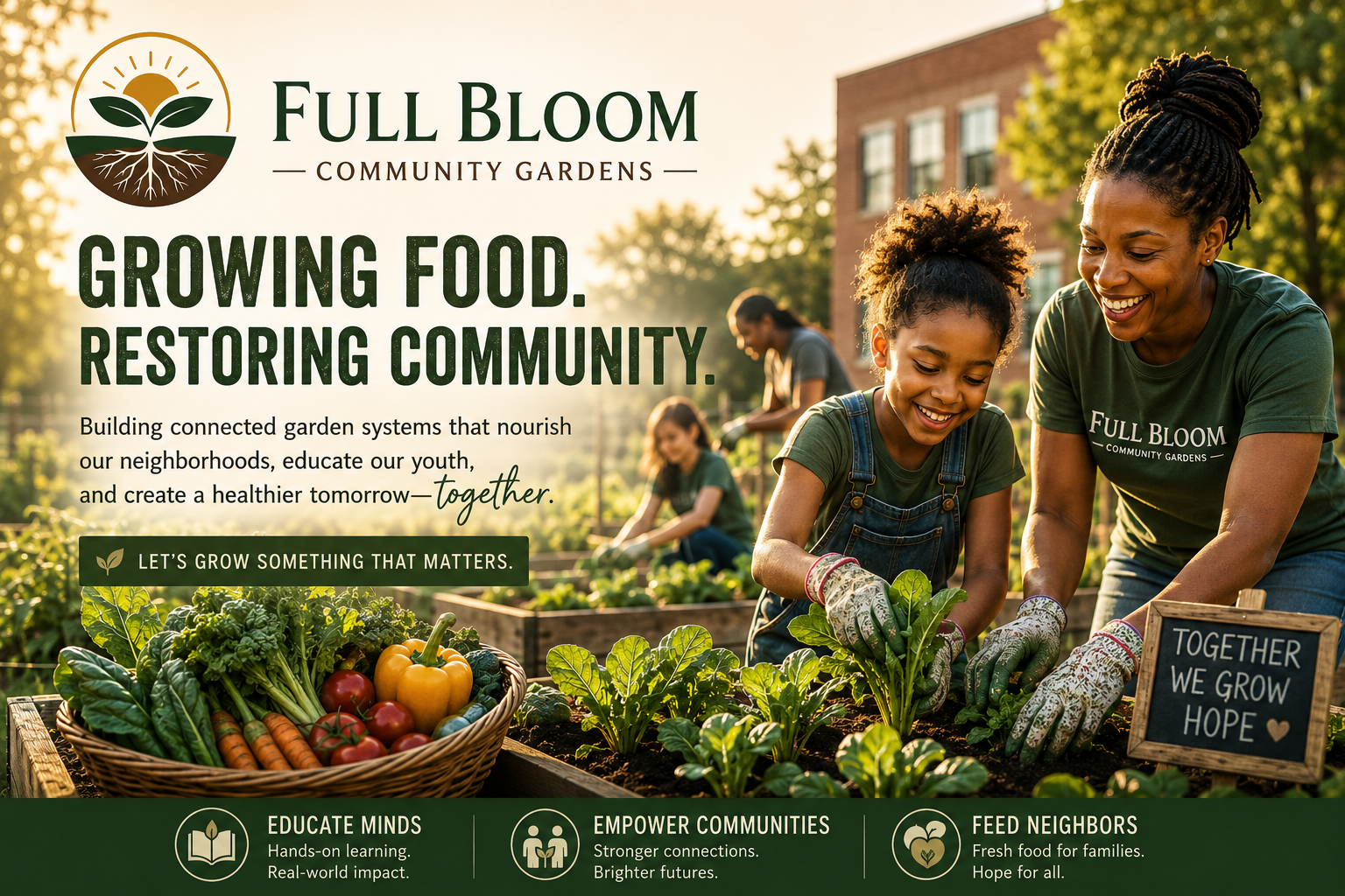 A community garden scene with a woman and a girl planting vegetables, surrounded by a basket of fresh produce and a sign that reads 'Together we grow hope.' The background shows other people working in garden beds, and the image promotes Full Bloom Community Gardens' mission of growing, educating, empowering, and feeding communities.