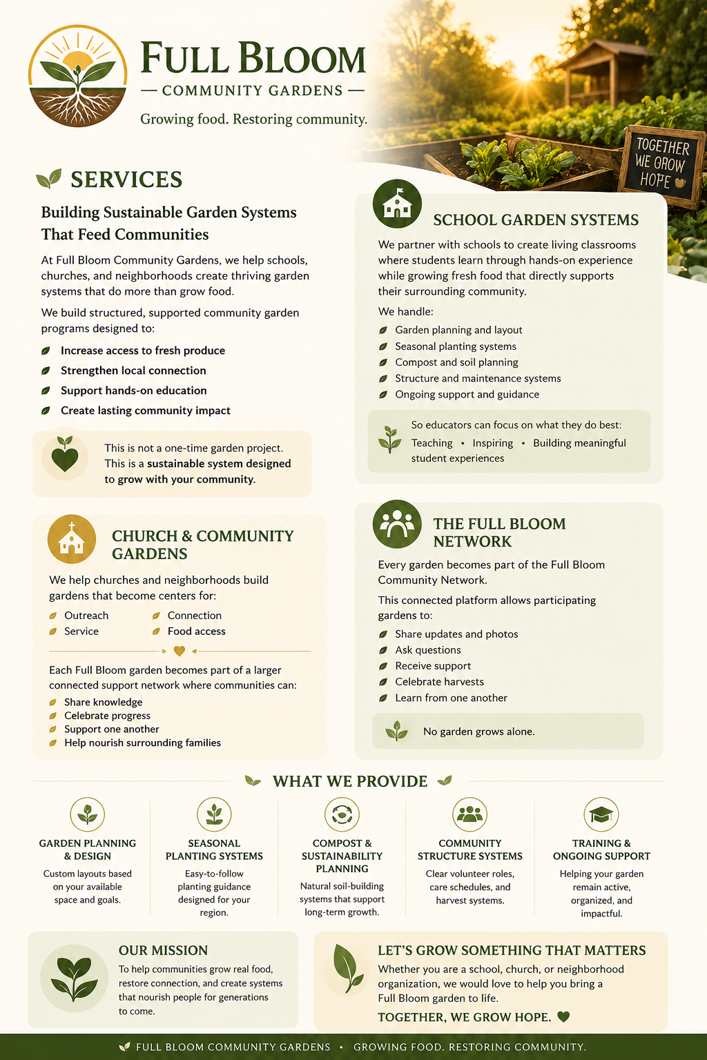 Flyer for Full Bloom Community Gardens promoting sustainable gardening for schools, churches, and neighborhoods with services including garden design, seasonal systems, composting, community programs, and a supportive network.