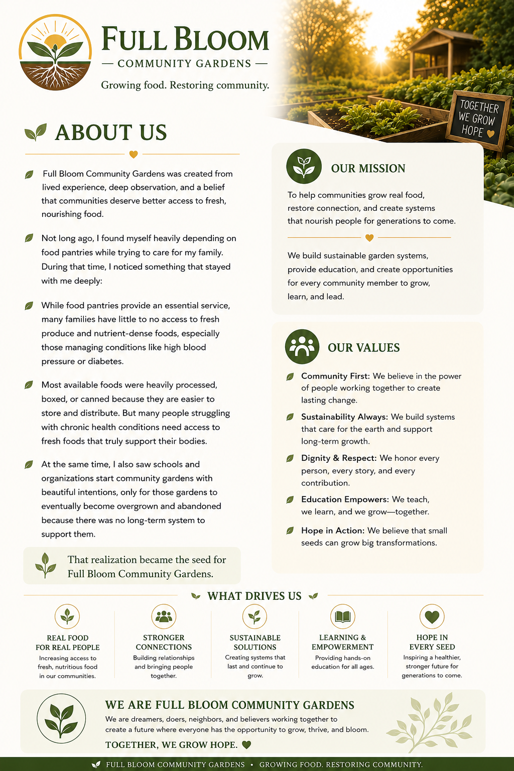 An informational flyer for Full Bloom Community Gardens featuring their mission, values, about us section, and what drives them. The flyer includes a background image of a community garden with raised beds, green plants, and a sunset, along with a sign that reads 'Together we grow hope.'