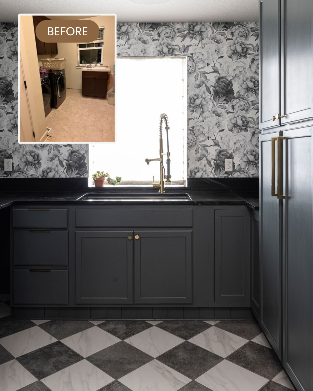 Renovated laundry room in a Portland metro home with pewter-green cabinets, brass fixtures, a soapstone counter, and a checkerboard tile floor.