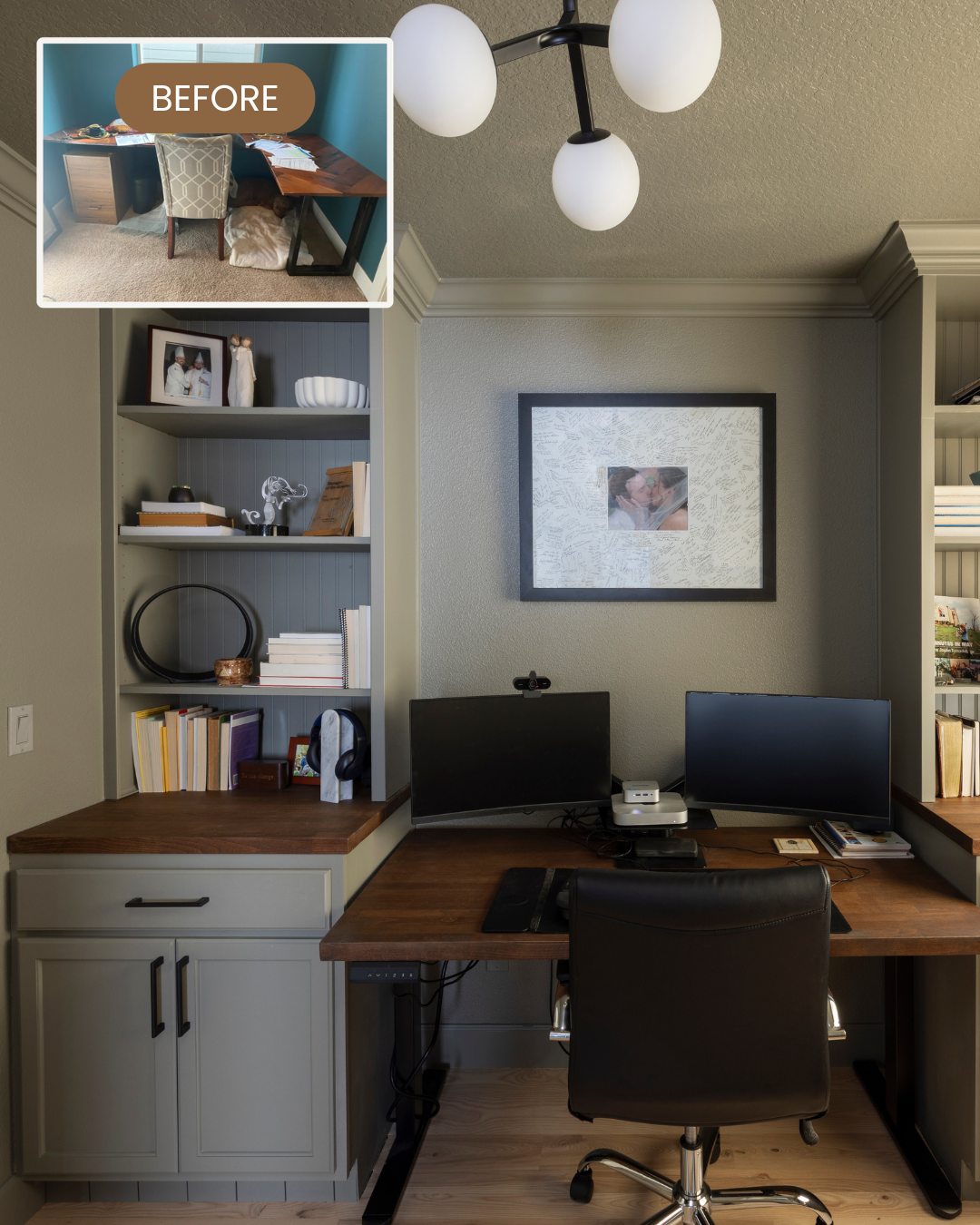Home office in a Portland metro home with custom built-in shelving, a wood desk, and a dual-monitor workspace.