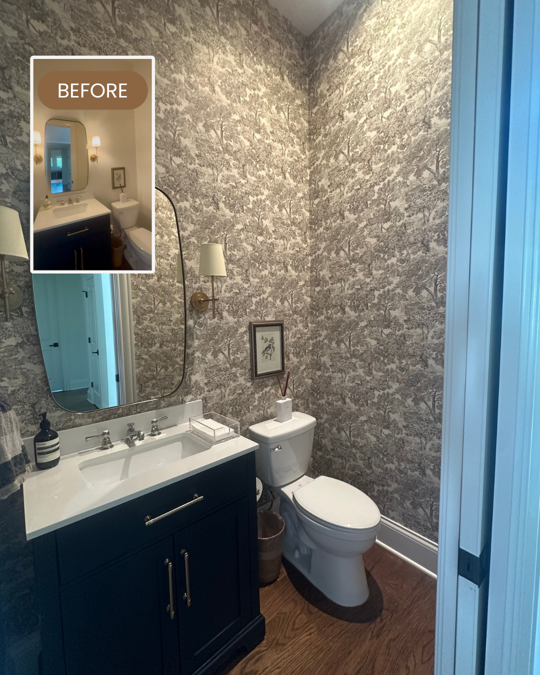 Before photo of a powder room with plain walls prior to wallpaper installation by Maven Made Home in Portland, Oregon.