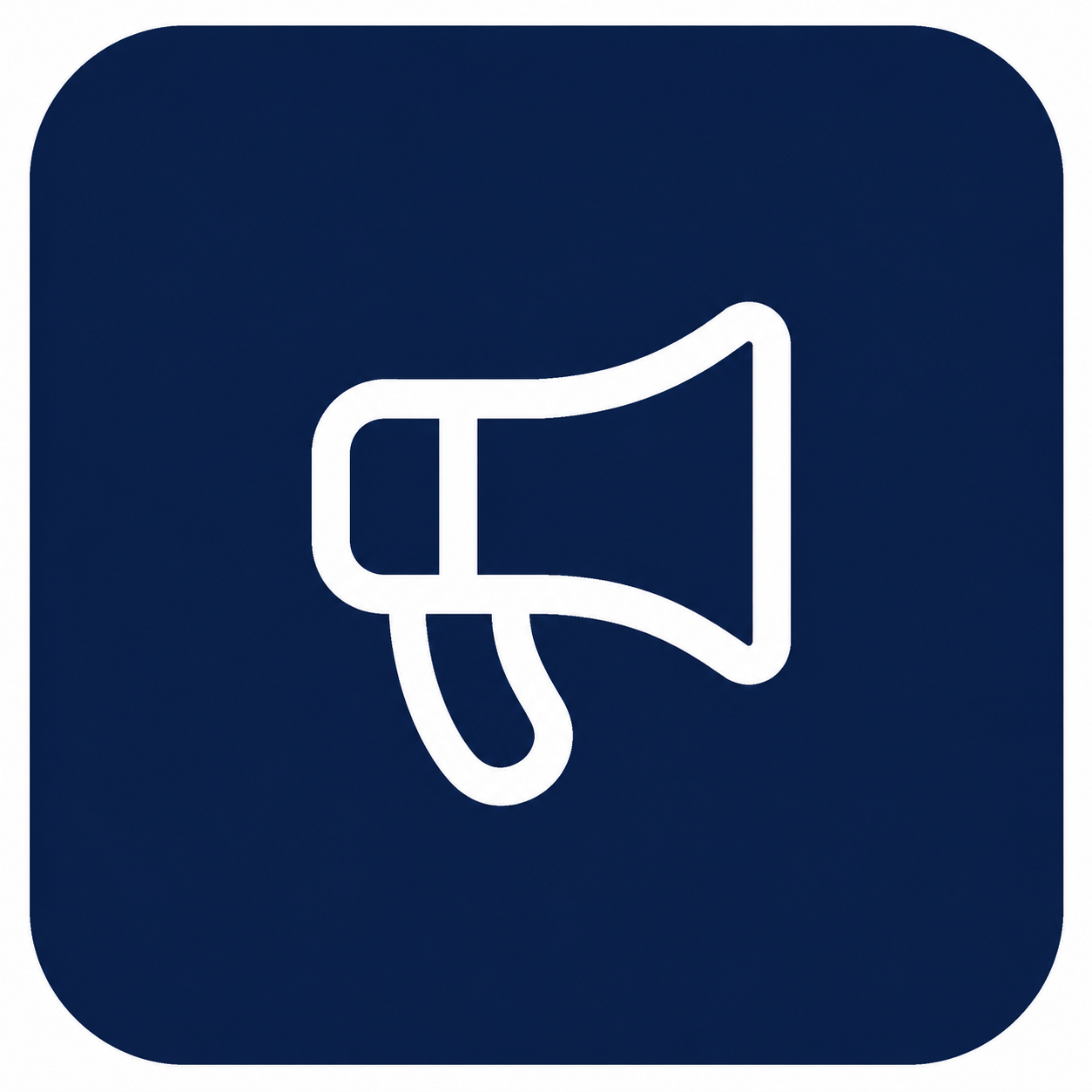 Icon of a white outline megaphone on a blue rounded square background.