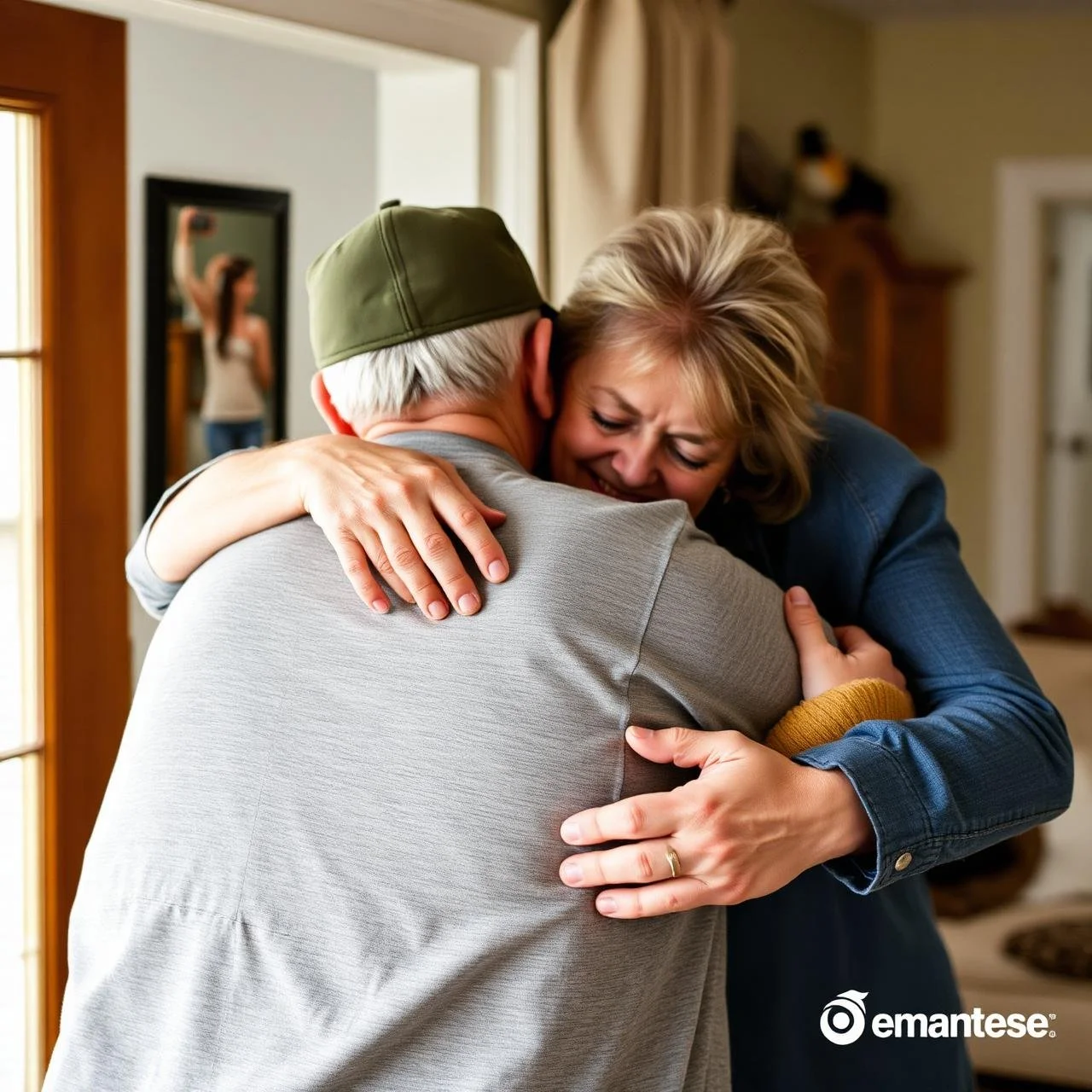 An elderly man and woman hugging each other warmly inside a home, with a mirror reflecting a woman taking a photo in the background.