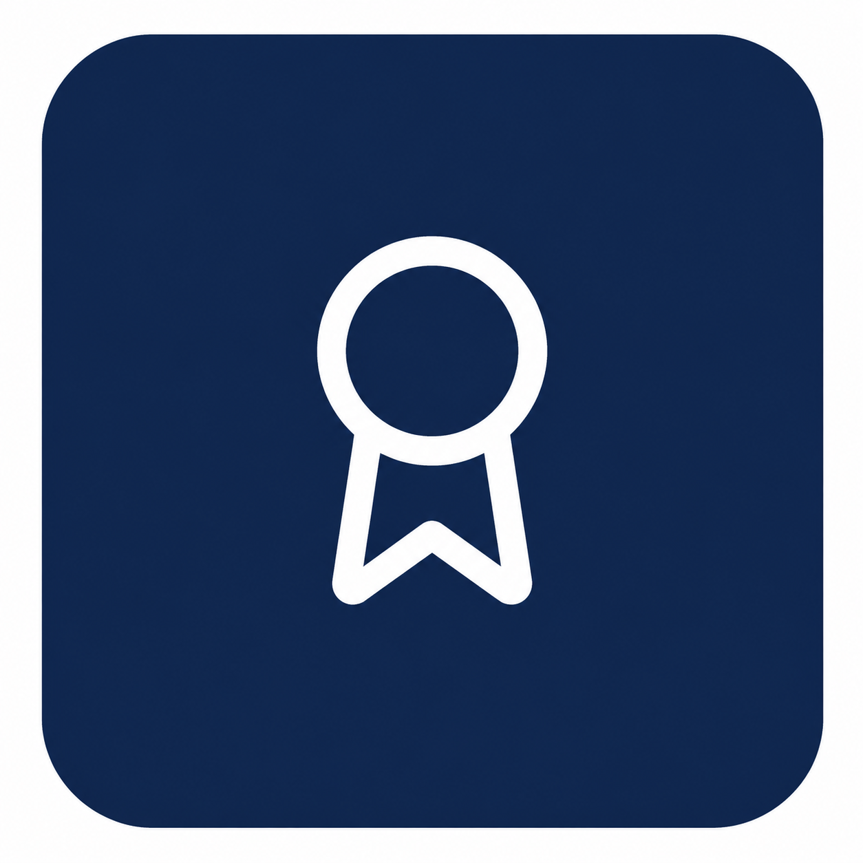 Icon of a white award ribbon on a dark blue square background with rounded corners.
