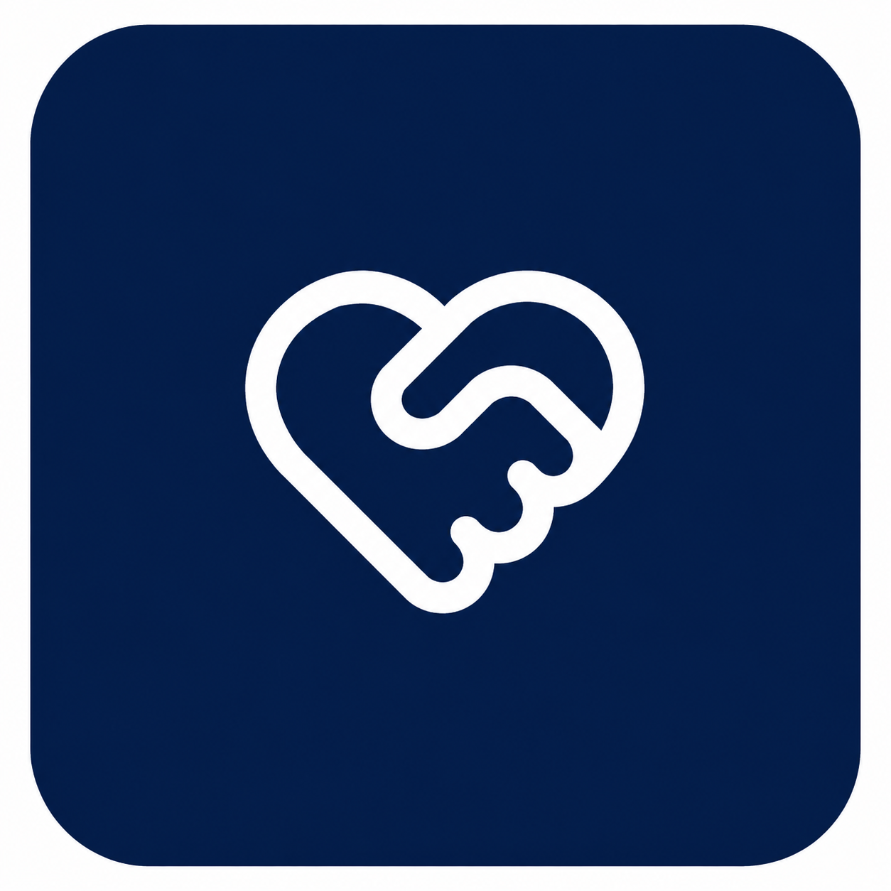 Icon of a heart-shaped handshake on a dark blue background.