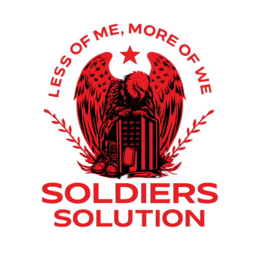 A red graphic featuring an eagle with outstretched wings, a star above, surrounded by olive branches, with text that reads 'Less of Me, More of We' at the top and 'Soldiers Solution' at the bottom.