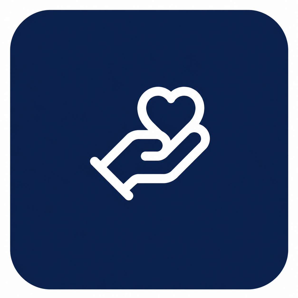 Outline icon of a hand holding a heart on a dark blue background.